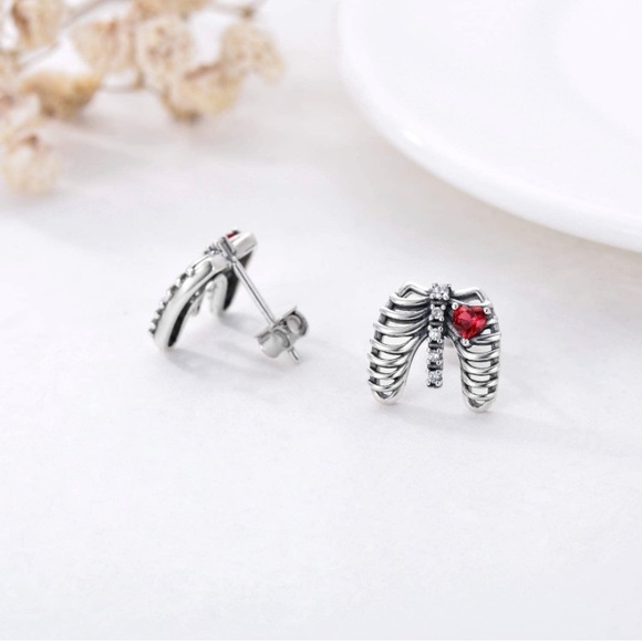 18k Diamond Ruby Skeleton Rib Beating Heart Earrings - Picture 3 of 5